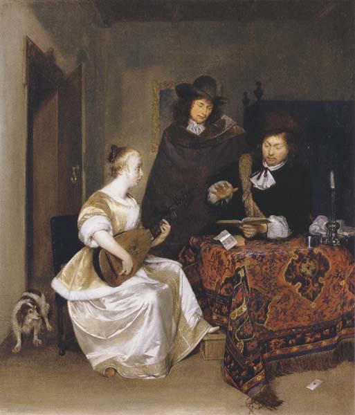 Gerhard ter Borch A Woman playing a Theorbo to two Men Sweden oil painting art